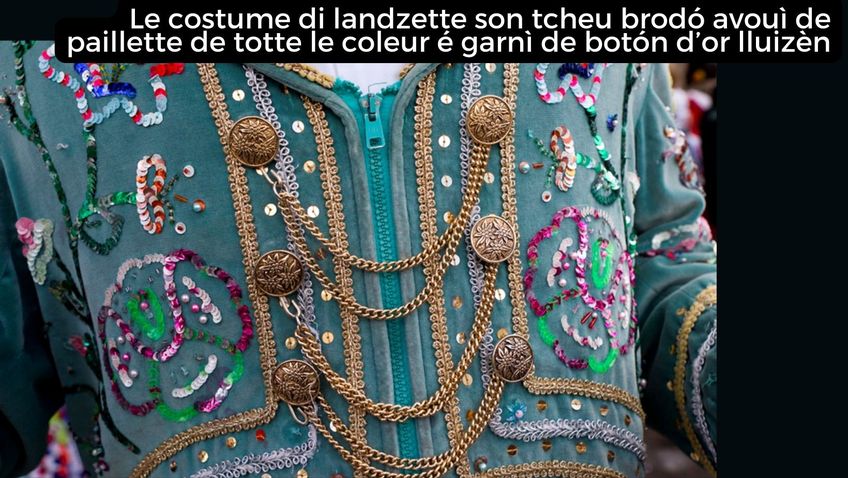 I costumi delle ladzette sono ricamati con miriadi di piccoli lustrini multicolori e ornati di bottoni dorati luccicanti